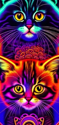 This lively phone wallpaper depicts two cats sitting together in a stunning psychedelic art style