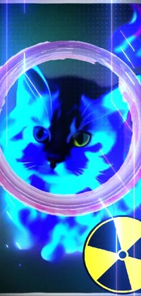 This phone live wallpaper boasts a close up of a feline holding a frisbee, accompanied by images including a realistic hologram and various graphic symbols such as biohazard and nuclear art