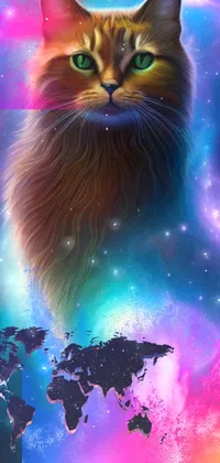 This live wallpaper features a colorful galaxy with a cat sitting in the center