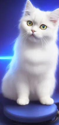This stunning phone live wallpaper features a beautiful white cat sitting on a computer mouse