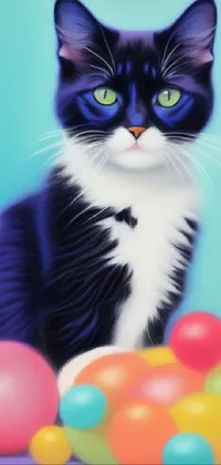 This phone live wallpaper displays a delightful black and white feline positioned adjacent to a playful assortment of balloons