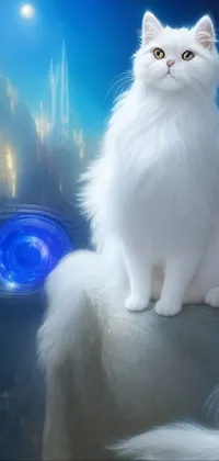 This live phone wallpaper features a fluffy white cat sitting atop a textured rock