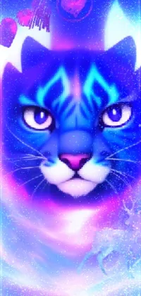 Looking for a stunning live wallpaper that will make your phone stand out? Look no further than this digital artwork featuring a majestic cat with glowing blue eyes