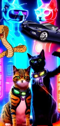 This vibrant live wallpaper showcases two adorable cats standing together in a neon-infused world filled with futuristic concepts