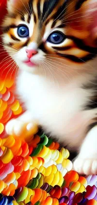 This live phone wallpaper features an adorable kitten sitting on a colorful pile of confetti