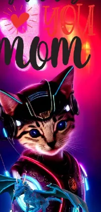 Introducing a stunning phone live wallpaper featuring a close-up of a cat in a vibrant costume with neon lighting