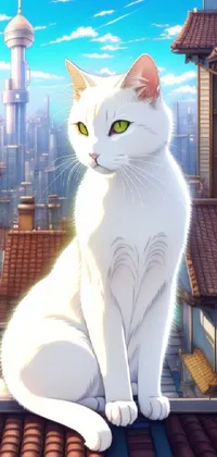 This phone live wallpaper depicts a white cat resting on top of a roof against a backdrop of bustling city life