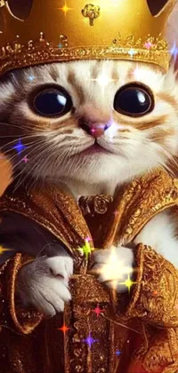 Get the most unique and charming live wallpaper for your phone with a regal cat wearing a golden crown