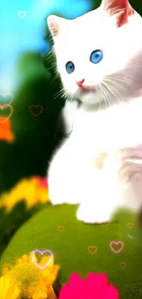 This phone live wallpaper depicts a lovely digital painting of a cute white kitten sitting on a green cushion with beautiful flowers in the background