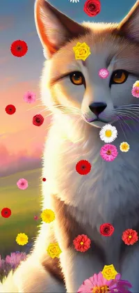 This stunning phone live wallpaper features a digital painting of a cat seated in a field of flowers