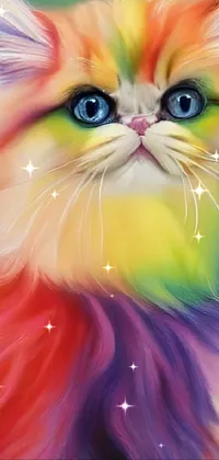 Introducing a stunning and vibrant phone live wallpaper featuring a colorful furry cat perched on a table