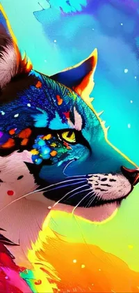 This phone live wallpaper showcases a stunning digital painting of a close-up cat, in vibrant colors with intricate textures and intricate detailing