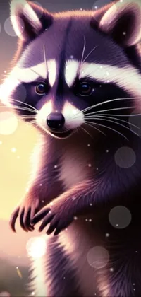 This live phone wallpaper showcases a beautiful digital painting of a raccoon standing on its hind legs