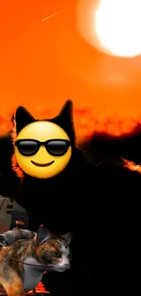 This vibrant phone live wallpaper displays an adorable cat and dog duo standing together wearing a face mask and shades