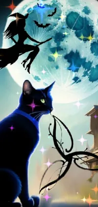 This phone live wallpaper features a captivating portrait of a black cat in front of a full moon, set against the backdrop of a magical town