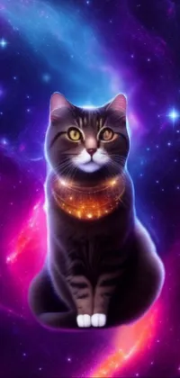 This phone live wallpaper features a cosmic-themed regal cat in the center of a digital art masterpiece