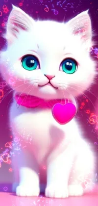 This phone live wallpaper depicts a white cat with blue eyes, wearing a cute pink bow tie