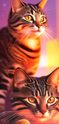 This phone live wallpaper features a digital painting of two cats in a warm, dimly lit living room