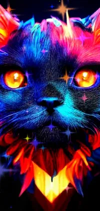 This phone live wallpaper boasts a vivid and colorful digital art image featuring a close-up of a cat with glowing eyes