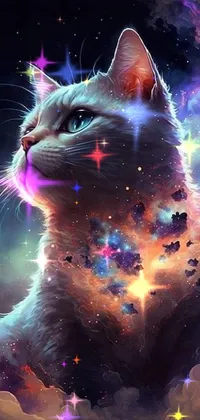If you're looking for a cute and magical live wallpaper for your phone, this cat sitting on a fluffy cloud is perfect! The high-quality furry art makes the cat look realistic and cuddly, while the exploding galaxy in the background adds a cosmic touch