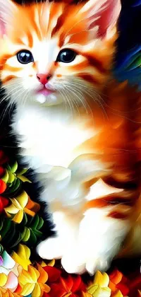 This phone live wallpaper features a digital painting of a playful kitten sitting on a bed of flowers