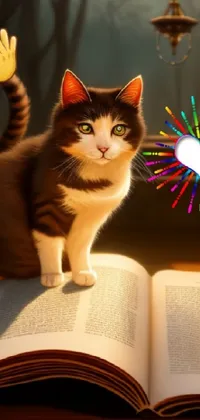 This phone live wallpaper features an adorable cat sitting on an open book, surrounded by bright sparks and a floating magical heart