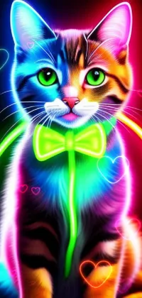 This phone live wallpaper showcases a charming close up of a cat donning a neon bow tie