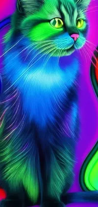This phone live wallpaper features an adorable cat painted on a colorful background
