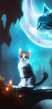 Introducing our latest phone live wallpaper featuring two adorable cats sitting on a mystical bridge in a breathtaking fantasy world