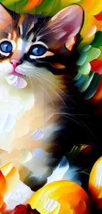 This phone live wallpaper features a charming digital painting of a colorful and adorable cat, surrounded by a variety of flowers
