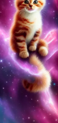 This live wallpaper features a ginger cat sitting on top of a vibrant purple galaxy, surrounded by shimmering stars