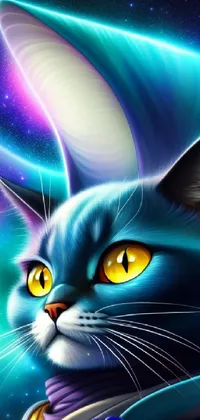 This phone live wallpaper features a detailed close-up of a yellow-eyed catwith bunny ears against a strikingly vibrant and colorful celestial mage-inspired digital painting, with a beautiful nebula background