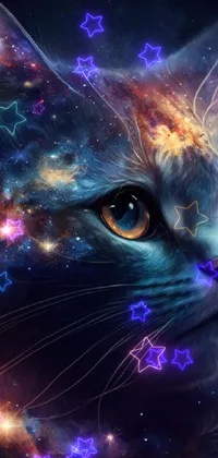 The cat live wallpaper for phones features an exquisite design that showcases an up-close view of a feline with twinkling stars in the background