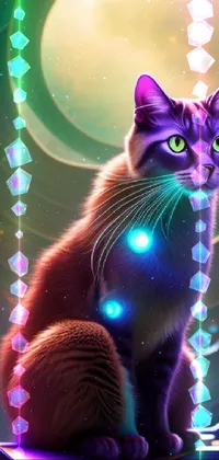This phone wallpaper showcases a beautiful digital art of a cat sitting on a roof with a bright, full moon in the background