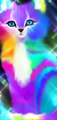 Add a pop of color to your phone with this fun and dynamic live wallpaper! This lively image features a colorful cat design against a black background, with geometric shapes showcasing the versatility of digital art