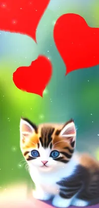 This phone live wallpaper depicts a lovely kitten sitting on an arm, surrounded by falling heart shapes