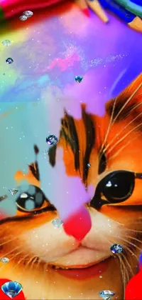 Looking for a fun, colorful live wallpaper for your mobile device? Check out this vibrant image of a cat surrounded by colored pencils and an airbrush painting! With its Lisa Frank-inspired design and furry art style, this wallpaper is full of personality and charm