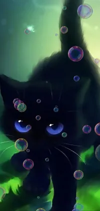 Looking for a stunning phone wallpaper that'll make your device stand out? Look no further than this mesmerizing live wallpaper, featuring a digital painting of a black cat strolling across a lush green field