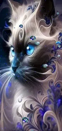This phone live wallpaper depicts a stunning image of a blue-eyed cat created by a skilled artist