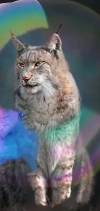 This live phone wallpaper display a photorealistic lynx cat standing in front of a sparkling bubble