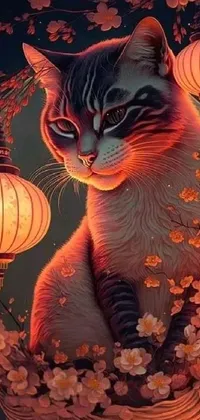 Enhance your mobile screen with this captivating live wallpaper featuring a cat seated in a basket with glowing red eyes, depicted in a striking Chinese style painting