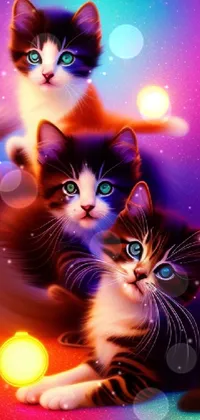 This lively and playful phone live wallpaper features a colorful digital painting of two adorable cats sitting next to each other