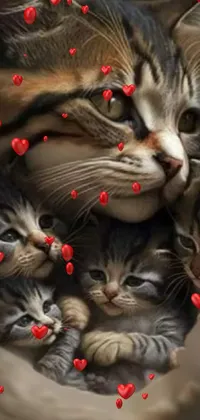 This live wallpaper for phones depicts a charming scene of a caring mother cat snuggled up with her precious kittens, creating an eye-catching digital art in photorealistic style
