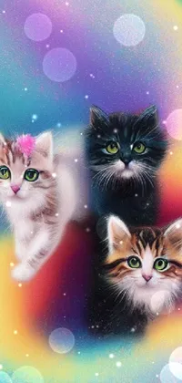 This lively phone live wallpaper features a colorful, tie-dye background and a group of cute kittens sitting together