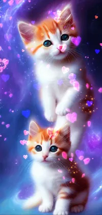 This stunning phone wallpaper showcases a playful duo of cats sitting on top of each other, set against a dazzling, space-themed background