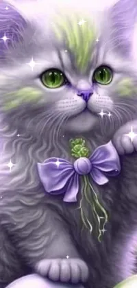 This phone live wallpaper features a charming 3D render of a cat adorned with a bow tie and dressed in a purple gown