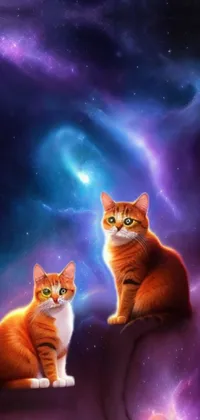 This phone live wallpaper showcases two adorable cats sitting together against a galaxy background