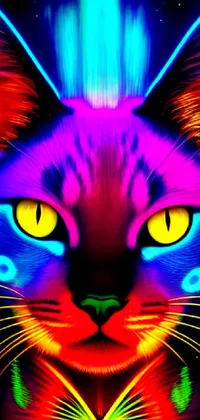 This striking phone live wallpaper features a mesmerizing digital painting of a mystical cat with luminous eyes