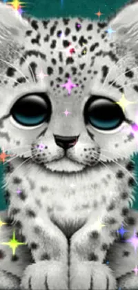 This live wallpaper features a stunning digital rendering of a baby snow leopard sitting on a vivid green background