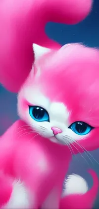 This phone live wallpaper features a realistic 3D-style digital painting of a pink feline with blue eyes, surrounded by colorful flowers and butterflies